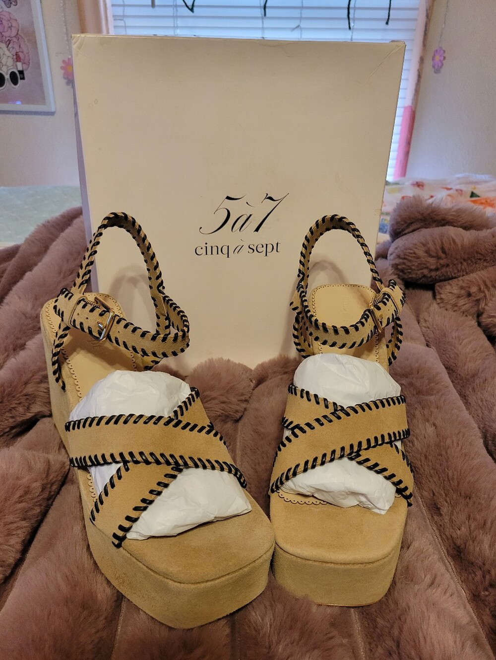 cinq a sept Tan Suede Platform Sandals with Black Stitching
